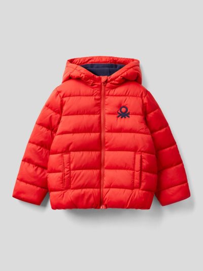 Kids' Benetton Puffer Hood And Logo Padded Jackets Red | NZ341296