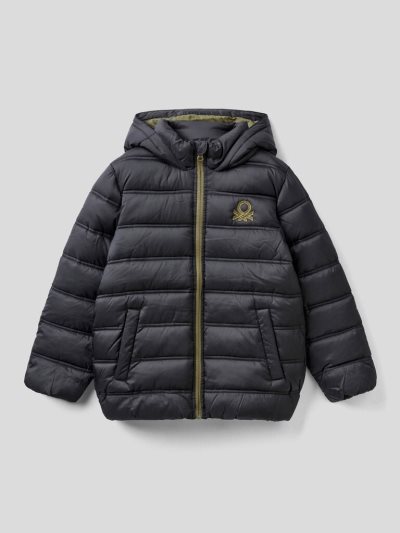 Kids' Benetton Puffer Hood And Logo Padded Jackets Black | NZ369974