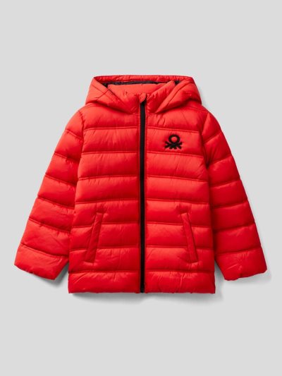 Kids' Benetton Puffer Hood And Logo Padded Jackets Red | NZ640768
