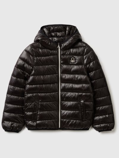Kids' Benetton Puffer Hood Light Jackets Black | NZ486212