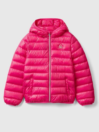 Kids' Benetton Puffer Hood Light Jackets Fuchsia | NZ943701