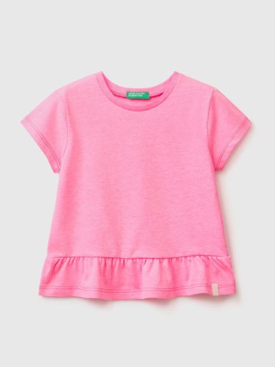 Kids' Benetton Recycled Fabric Ruffles Short Sleeve T-shirts Neon Pink | NZ715054