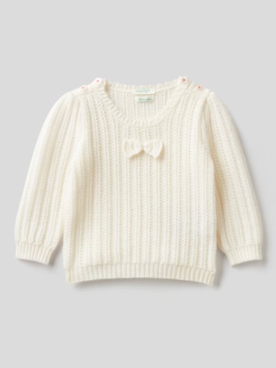 Kids' Benetton Recycled Wool Blend Bow Sweaters Creamy White | NZ705222