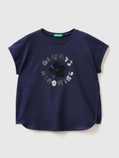Kids' Benetton Reversible Sequins Short Sleeve T-shirts Dark Blue | NZ862372