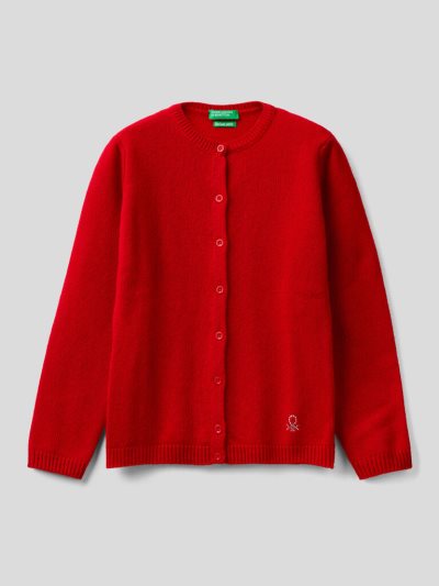 Kids' Benetton Rhinestone Logo Crew Neck Cardigan Red | NZ232257