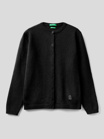 Kids' Benetton Rhinestone Logo Crew Neck Cardigan Black | NZ371148