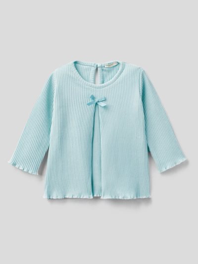 Kids' Benetton Ribbed Bow T Shirts Aqua | NZ653942