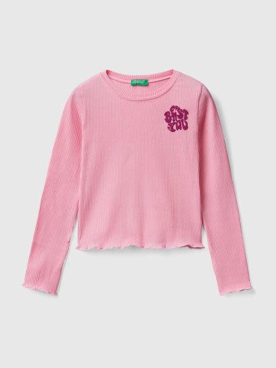 Kids' Benetton Ribbed Embroidery Long Sleeve T-shirts Pink | NZ178078