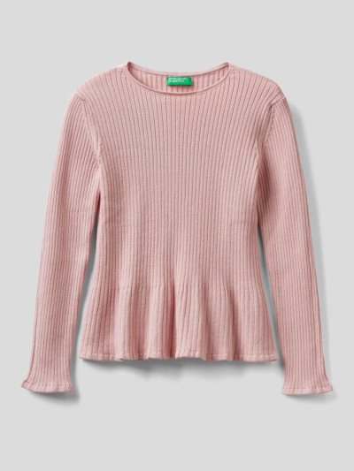 Kids' Benetton Ribbed Knit Flared Bottom Sweaters Soft Pink | NZ678000