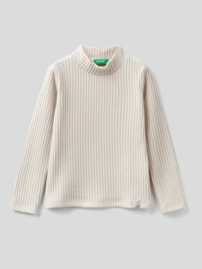 Kids' Benetton Ribbed Recycled Fabric Long Sleeve T-shirts Creamy White | NZ458423