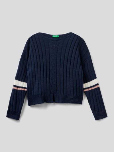 Kids' Benetton Ribbed Wool Blend Sweaters Dark Blue | NZ469729
