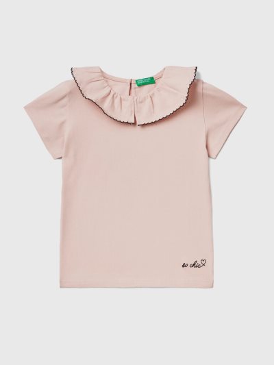 Kids' Benetton Ruffle Collar Short Sleeve T-shirts Soft Pink | NZ102162