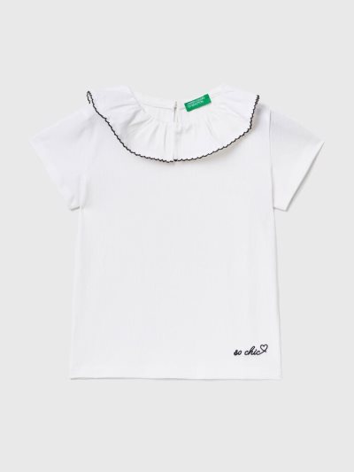 Kids' Benetton Ruffle Collar Short Sleeve T-shirts White | NZ355030