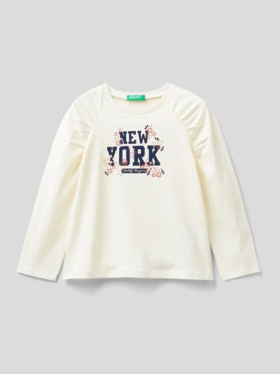 Kids' Benetton Ruffles Long Sleeve T-shirts Creamy White | NZ498278