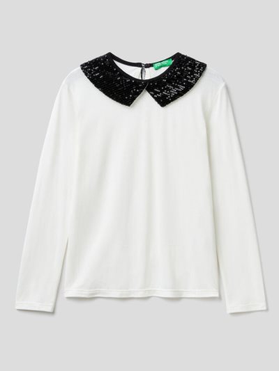 Kids' Benetton Sequin Collar Long Sleeve T-shirts Creamy White | NZ917676