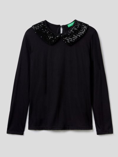 Kids' Benetton Sequin Collar Long Sleeve T-shirts Black | NZ937968