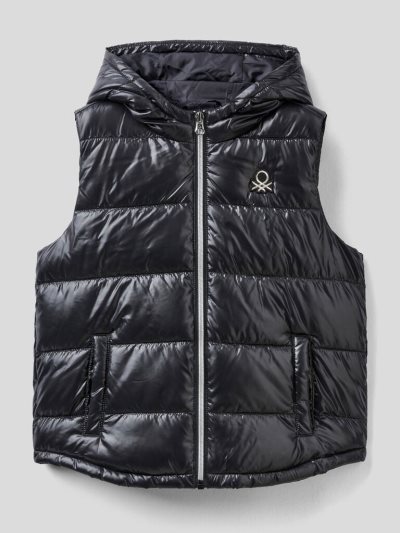 Kids' Benetton Sleeveless Puffer Zip And Hood Padded Jackets Black | NZ539537