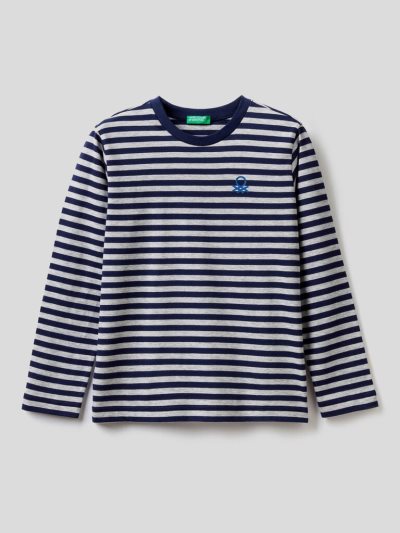 Kids' Benetton Striped 100% Cotton Long Sleeve T-shirts Dark Blue | NZ281358