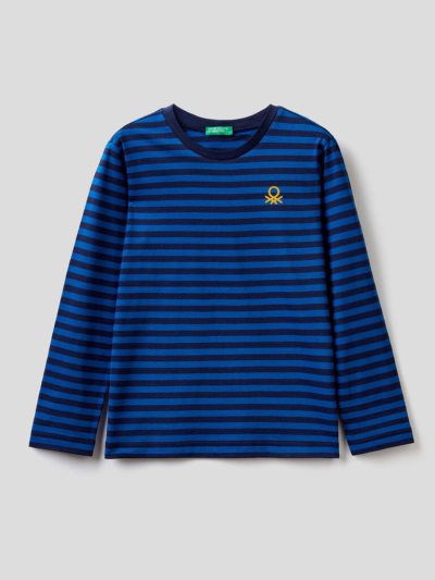 Kids' Benetton Striped 100% Cotton Long Sleeve T-shirts Bright Blue | NZ353148