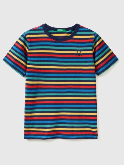 Kids' Benetton Striped 100% Cotton Short Sleeve T-shirts Multi-color | NZ494390