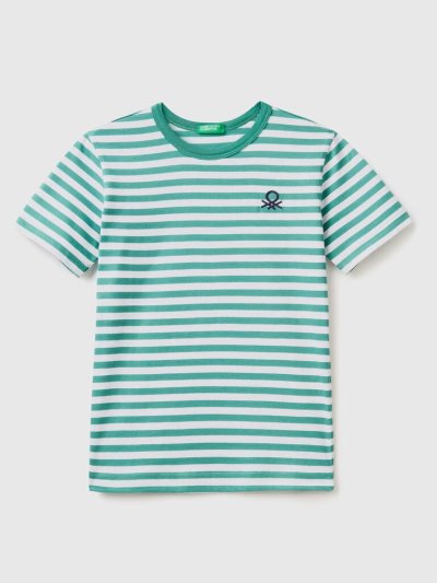 Kids' Benetton Striped 100% Cotton Short Sleeve T-shirts Green | NZ504303