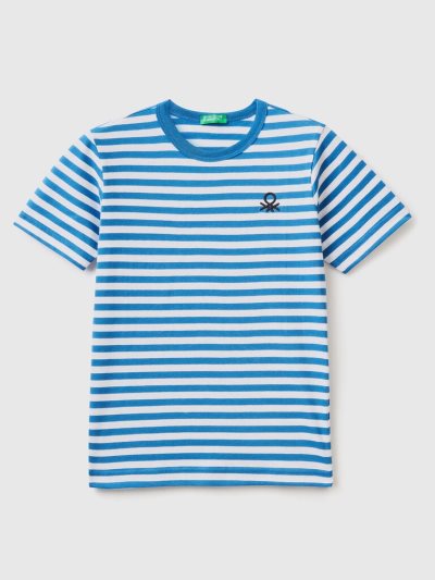 Kids' Benetton Striped 100% Cotton Short Sleeve T-shirts Light Blue | NZ622485