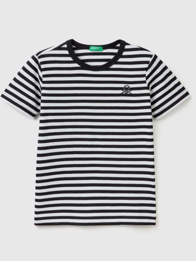 Kids' Benetton Striped 100% Cotton Short Sleeve T-shirts Black | NZ717701