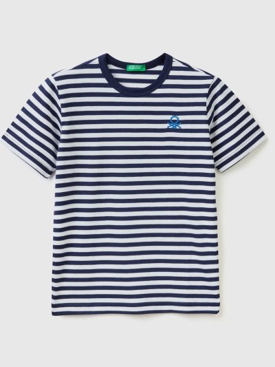 Kids' Benetton Striped 100% Cotton Short Sleeve T-shirts Blue | NZ855871