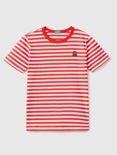 Kids' Benetton Striped 100% Cotton Short Sleeve T-shirts Red | NZ988193