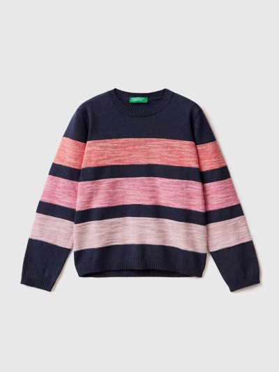 Kids' Benetton Striped Cotton Blend Sweaters Blue | NZ121339