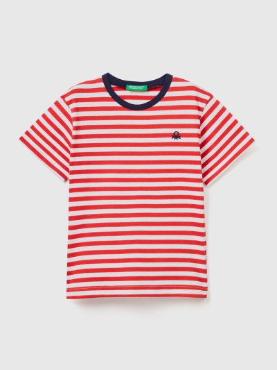 Kids' Benetton Striped Cotton Short Sleeve T-shirts Red | NZ112716