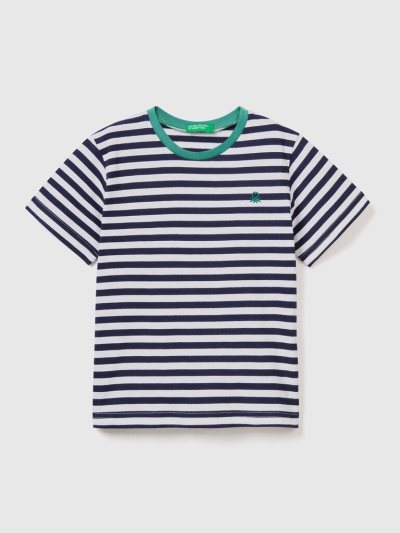 Kids' Benetton Striped Cotton Short Sleeve T-shirts Dark Blue | NZ157669