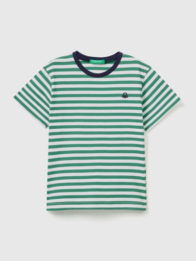 Kids' Benetton Striped Cotton Short Sleeve T-shirts Green | NZ633671