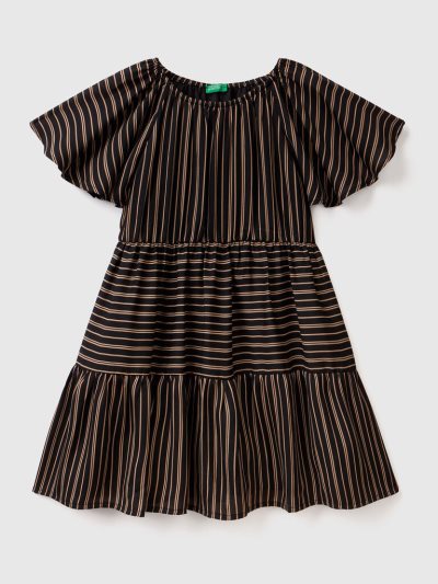 Kids' Benetton Striped Flounces Dress Black | NZ983980