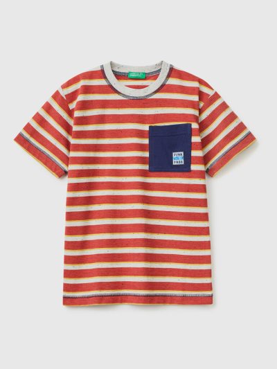 Kids' Benetton Striped Pocket Short Sleeve T-shirts Red | NZ086869