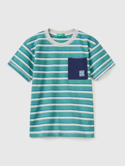 Kids' Benetton Striped Pocket Short Sleeve T-shirts Green | NZ922629