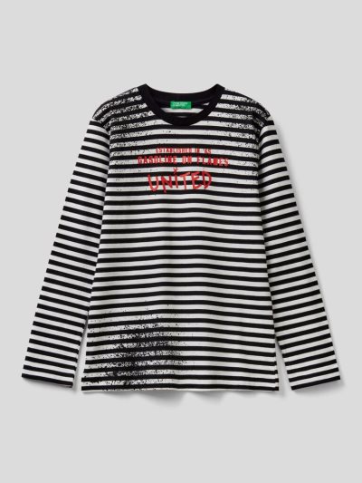 Kids' Benetton Striped Print Long Sleeve T-shirts Black | NZ505483
