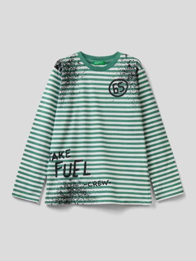 Kids' Benetton Striped Print Long Sleeve T-shirts Green | NZ567448