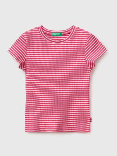 Kids' Benetton Striped Stretch Cotton Short Sleeve T-shirts Fuchsia | NZ427015