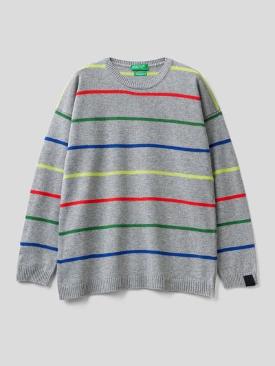 Kids' Benetton Striped Wool And Cotton Blend Sweaters Grey | NZ437567