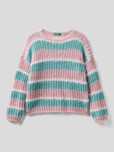 Kids' Benetton Striped Wool Blend Sweaters Soft Pink | NZ291712