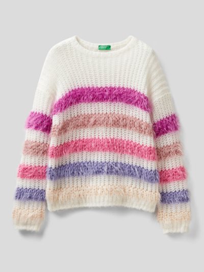 Kids' Benetton Striped Wool Blend Sweaters White | NZ531041