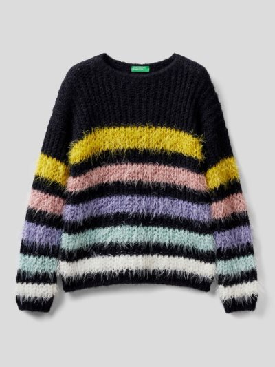 Kids' Benetton Striped Wool Blend Sweaters Dark Blue | NZ857012