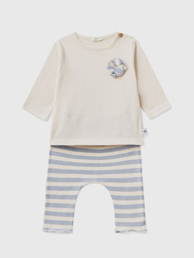 Kids' Benetton T-shirt And Trousers Outfit Dungarees Beige | NZ907651