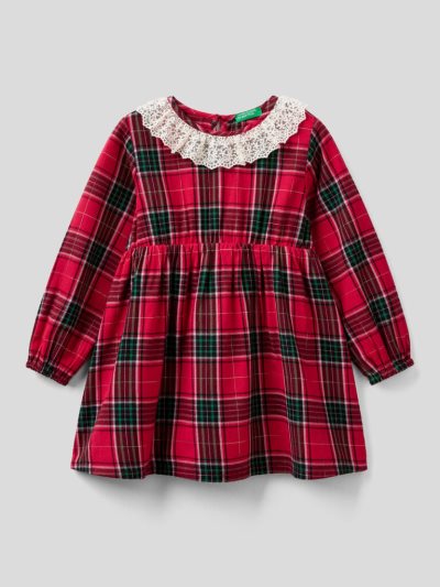Kids' Benetton Tartan Lace Collar Dress Red | NZ469822