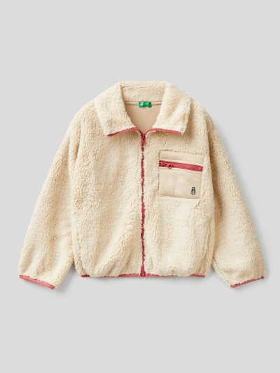 Kids' Benetton Teddy Look Zip Sweatshirt Creamy White | NZ759092