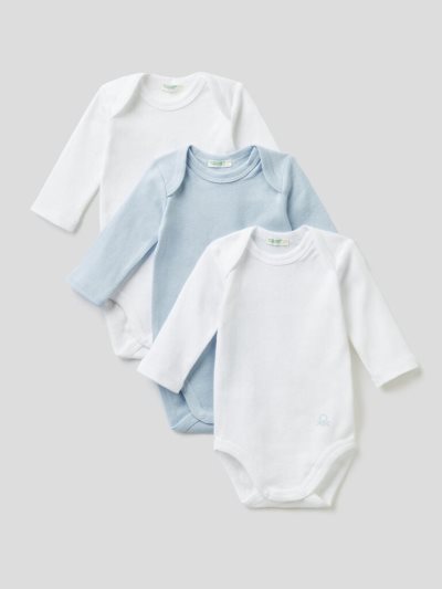 Kids' Benetton Three Solid Color Organic Cotton Bodysuits Light Blue | NZ182654