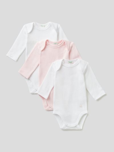 Kids' Benetton Three Solid Color Organic Cotton Bodysuits Pink | NZ389295