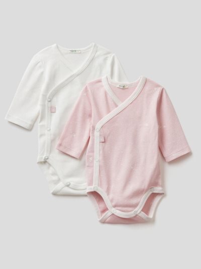 Kids' Benetton Two Long Sleeve Organic Cotton Bodysuits Soft Pink | NZ303247