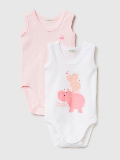 Kids' Benetton Two Organic Cotton Printed Bodysuits Pink | NZ365651